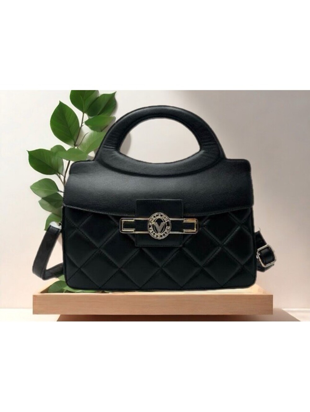 Valentino Orlandi Black Quilted Top Handle Crossbody Bag Gold Hardware Logo